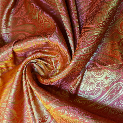 Ornamental Paisley Gold Metallic Print Indian Banarasi Brocade Fabric By Meter