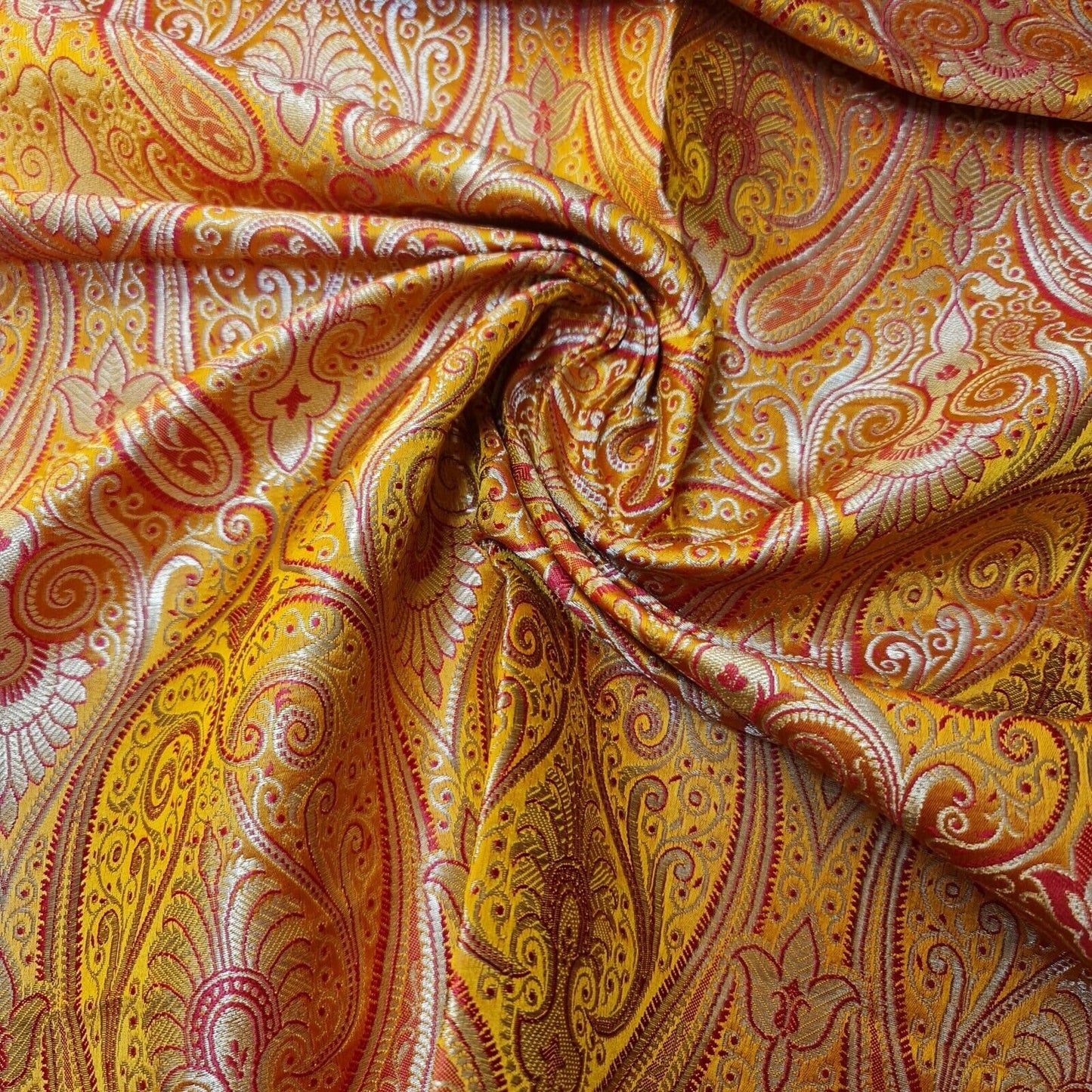 Ornamental Paisley Gold Metallic Print Indian Banarasi Brocade Fabric By Meter