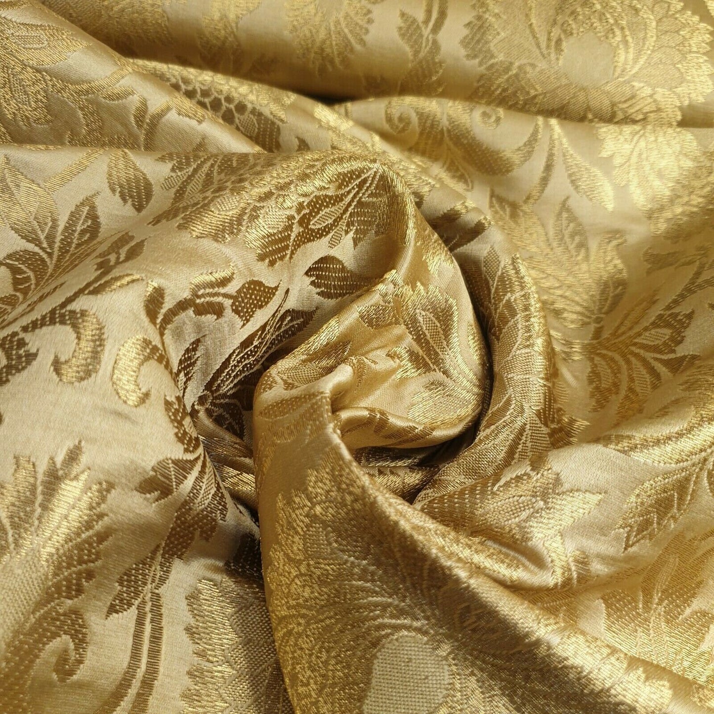 Ornamental Floral Gold Metallic Print Indian Banarasi Brocade Dress Fabric D 44"