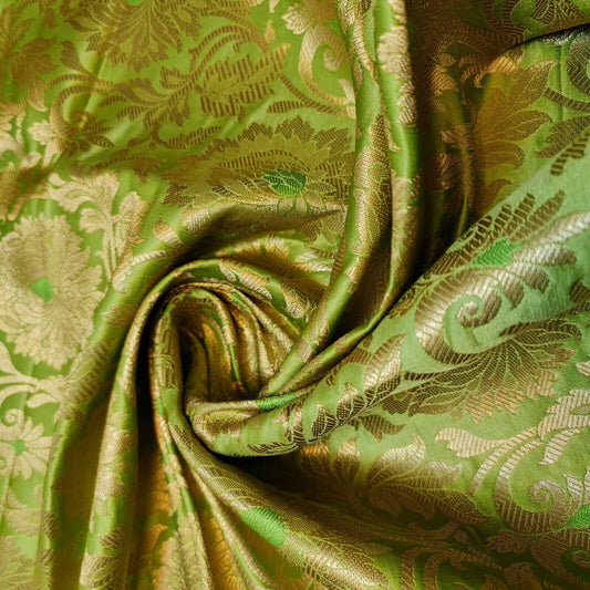 Floral Gold Leaf Damask Banarasi Brocade Fabric – 44” Wide – Indian Metallic Dress, Craft & Décor Material (By the Meter)