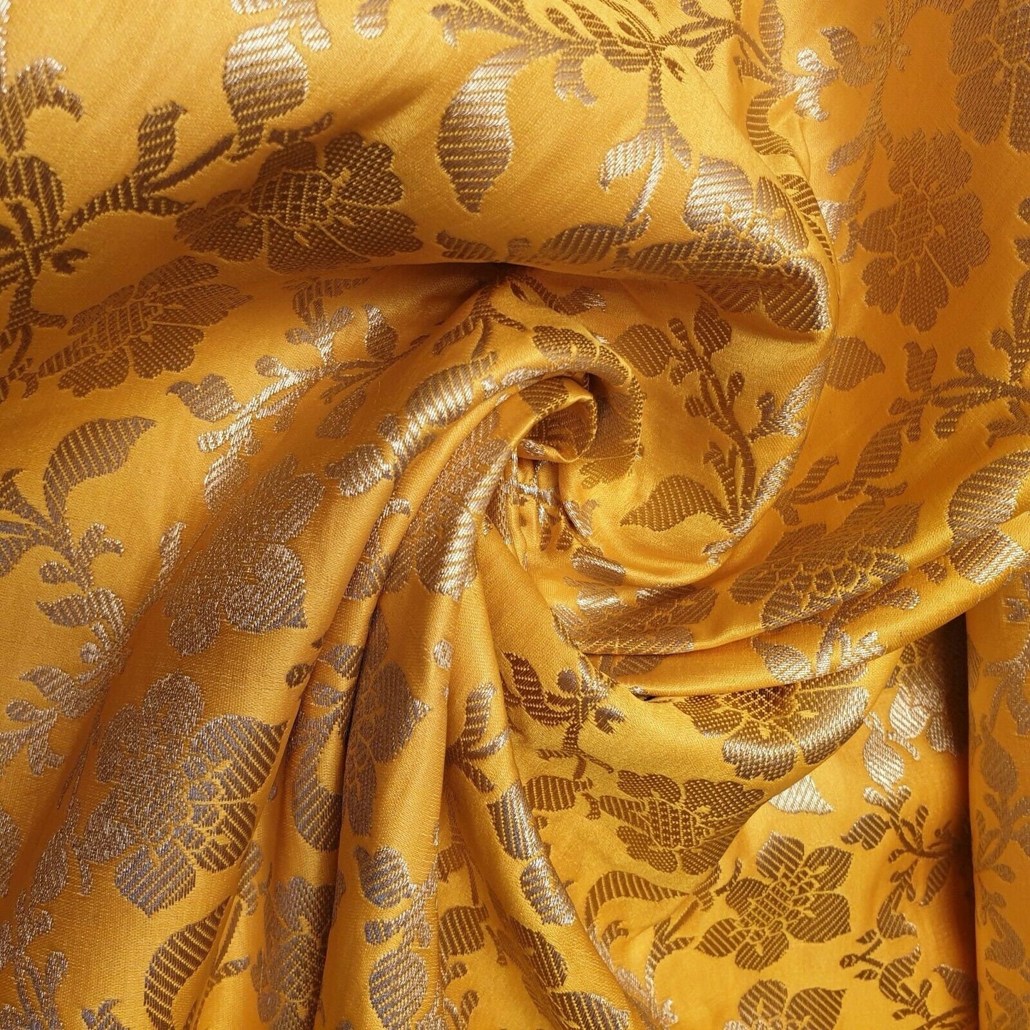 Indian Ornamental Floral Gold Metallic Print Banarasi Brocade Dress Fabric C 44"