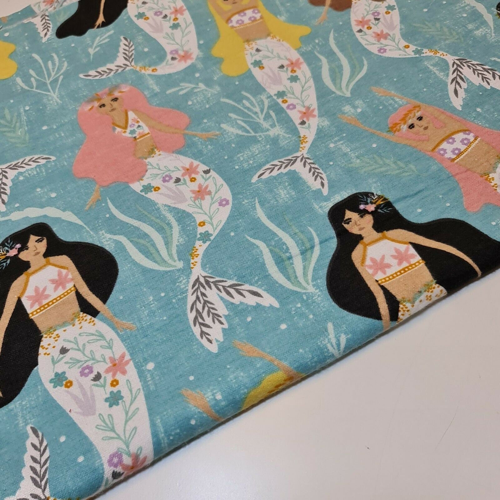 mermaid print sky blue brushed cotton flannel winceyette fabric