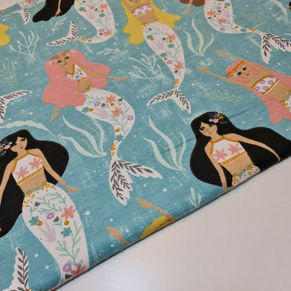 mermaid print sky blue brushed cotton flannel winceyette fabric