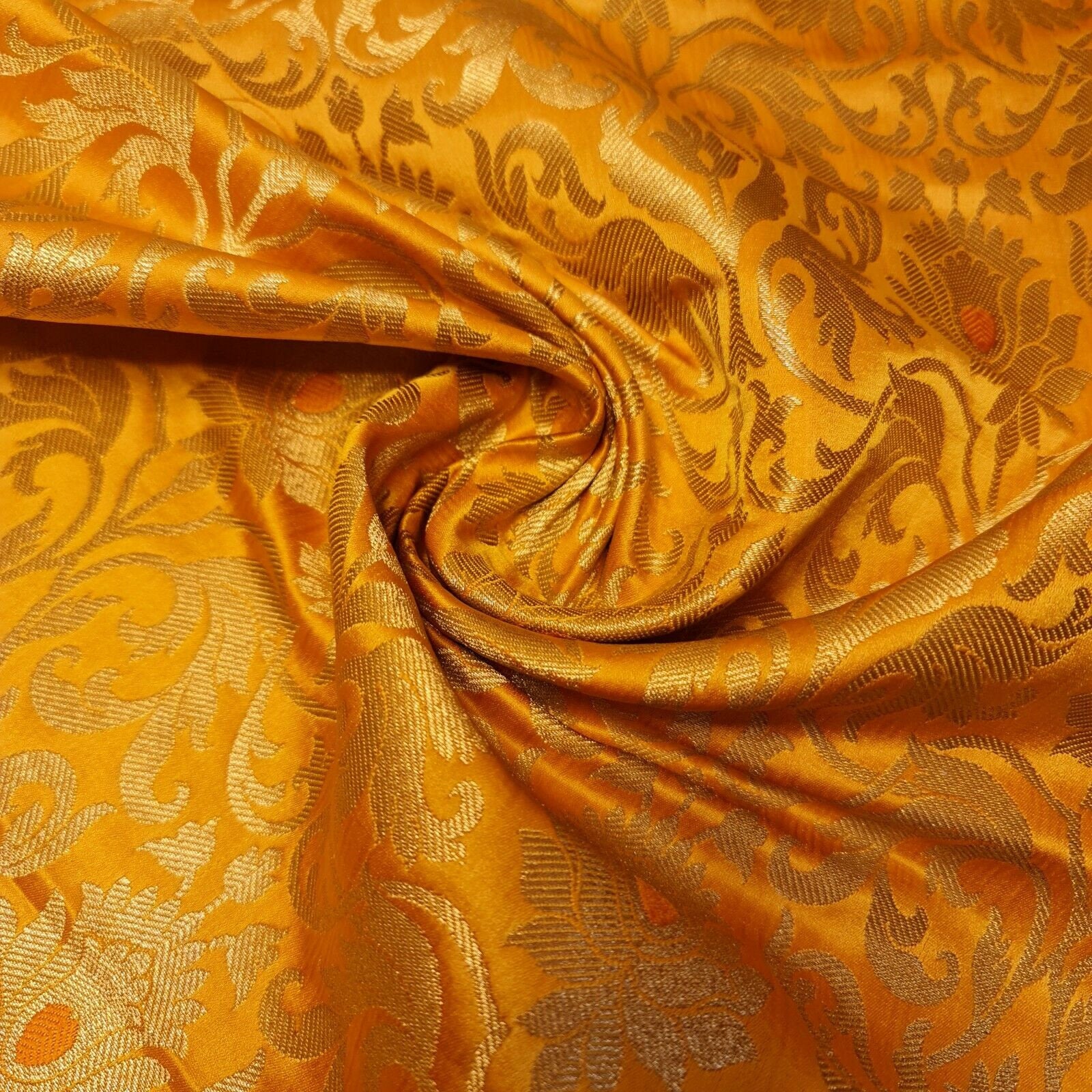 mustard brocade fabric with tulip gold metallic design