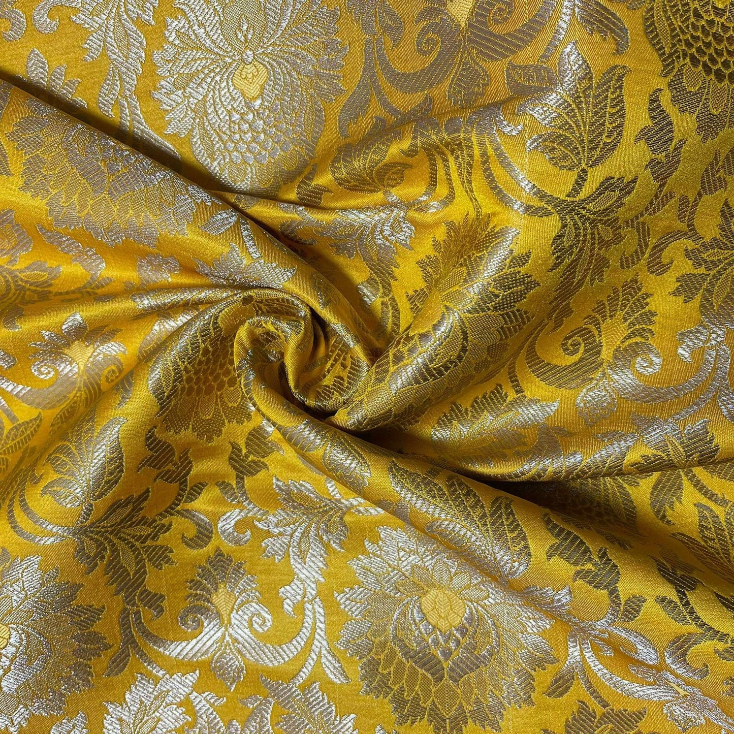 mustard gold silk brocade fabric for dressmaking and crafting
