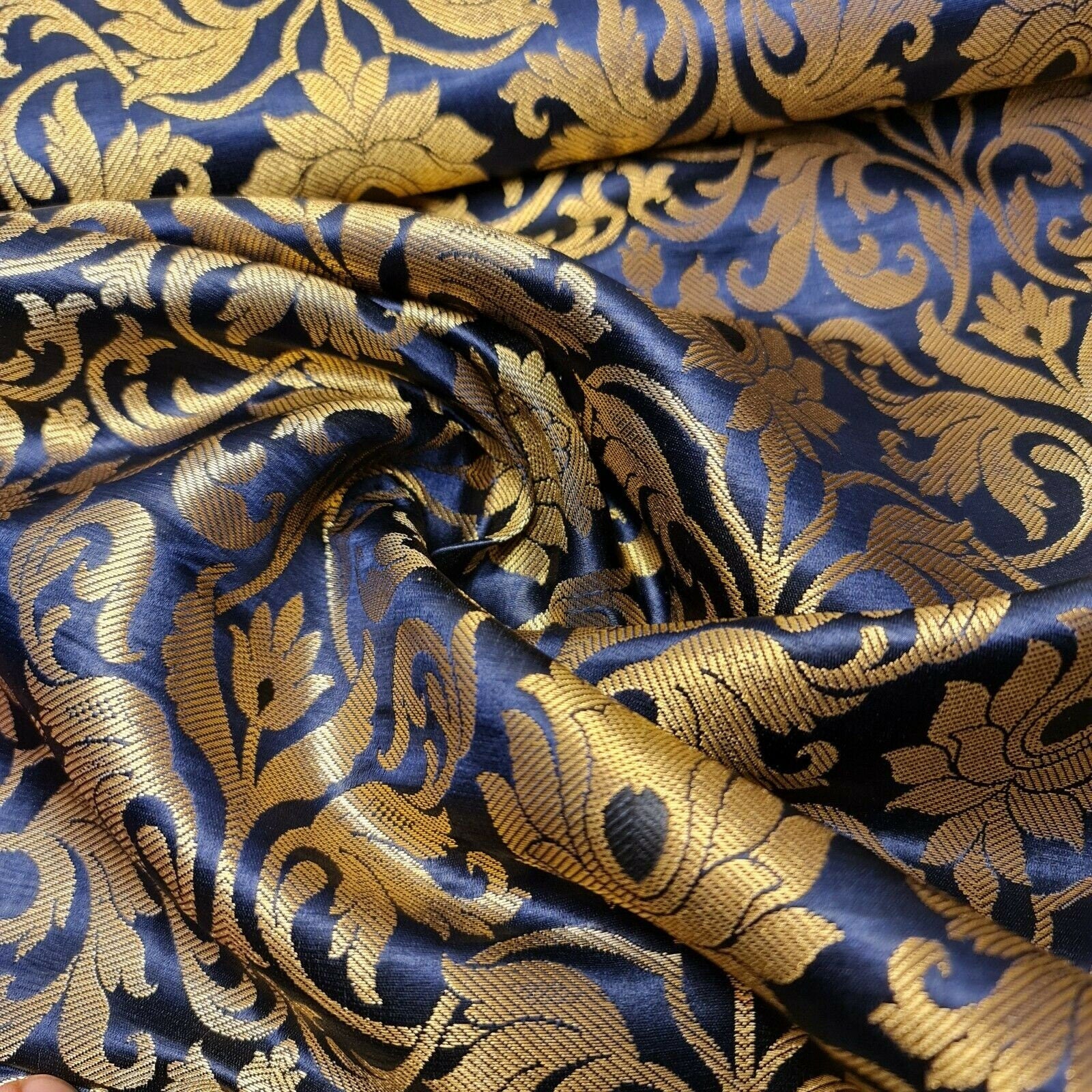 navy blue brocade fabric with tulip gold mtallic design for dressmaking, crafting, and decor