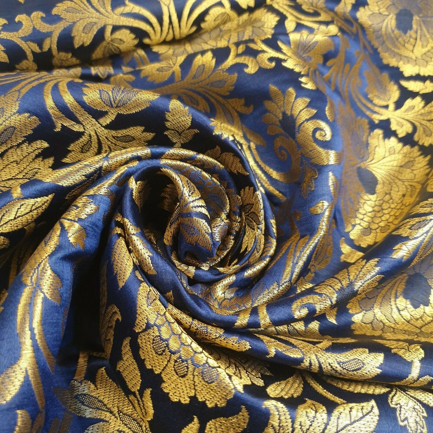 navy blue damask banarasi brocade fabric for dressmaking and quilting