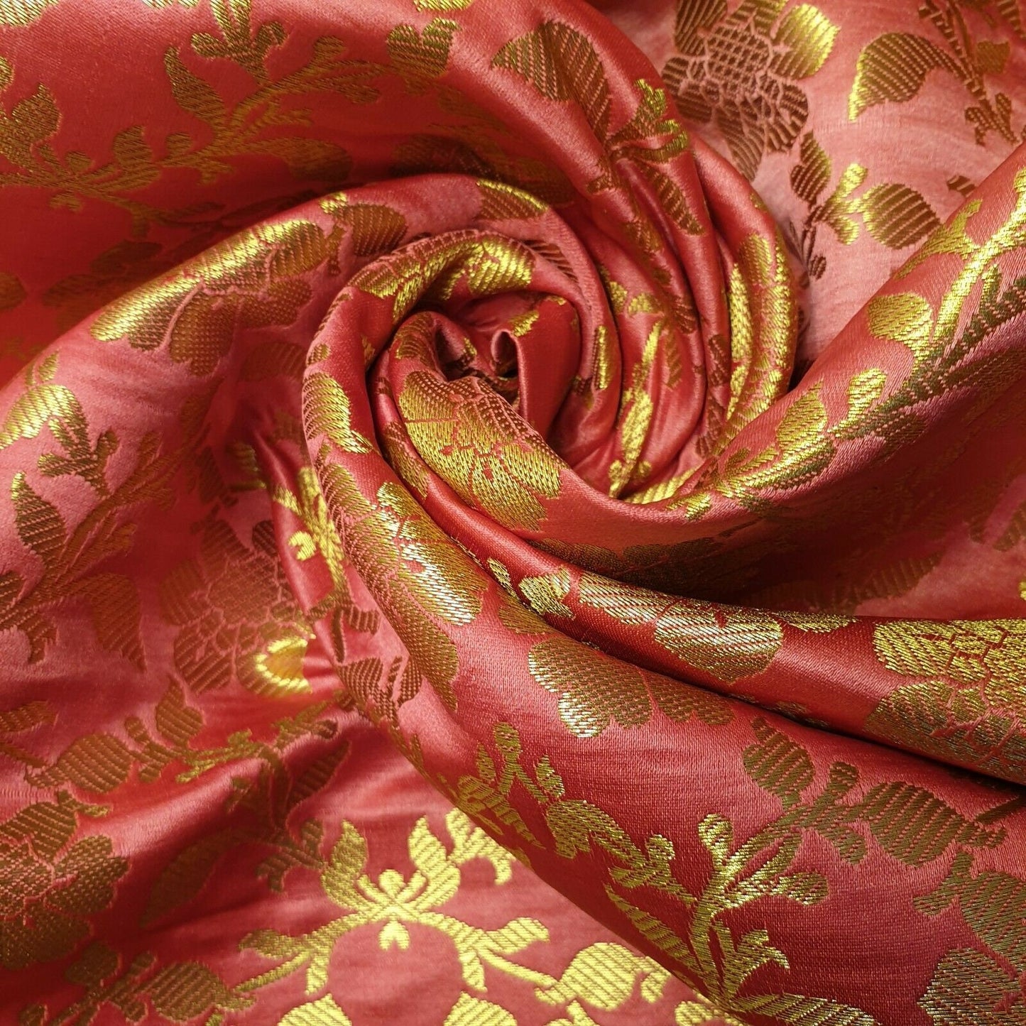 ornamental floral coral brocade material uk