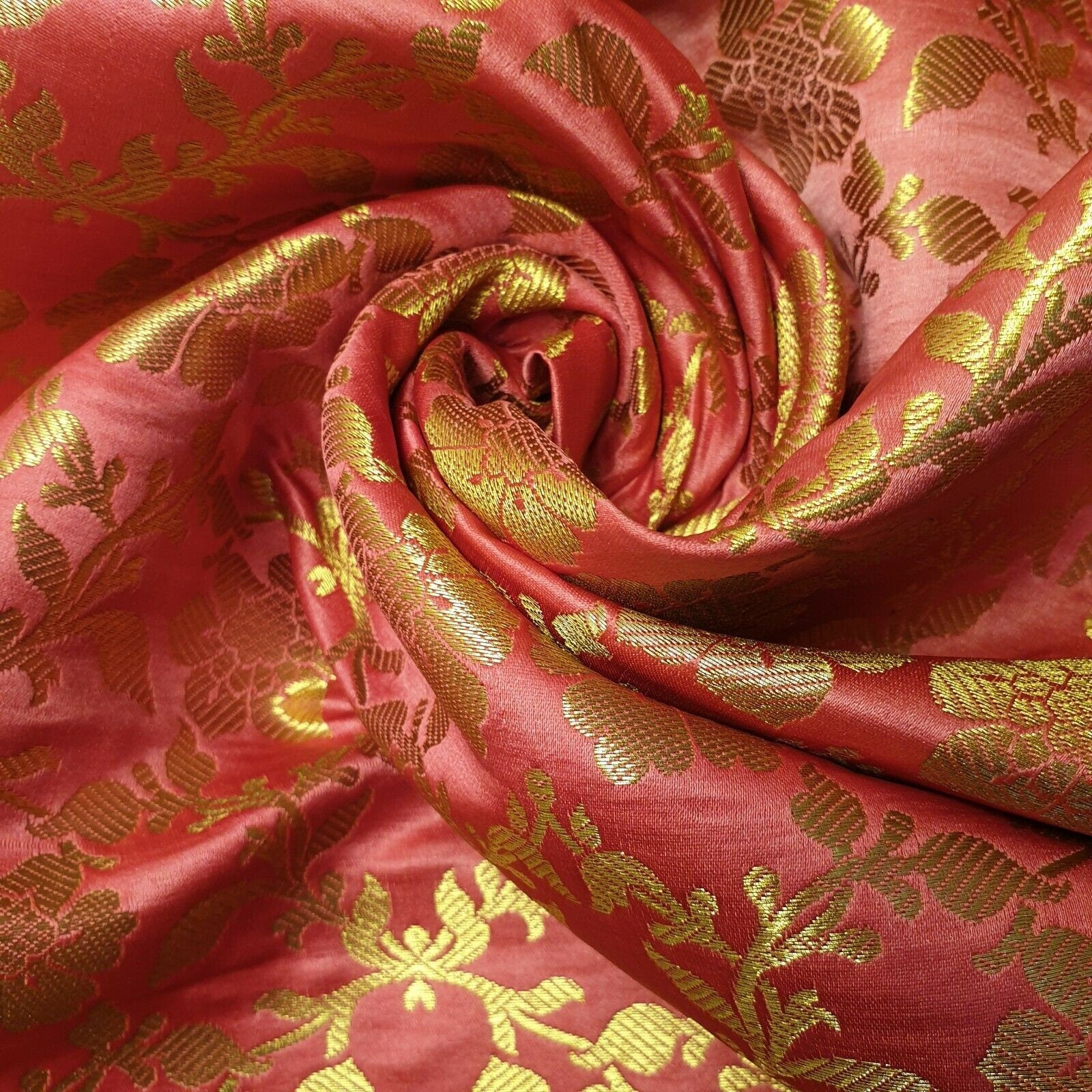 ornamental floral coral brocade material uk