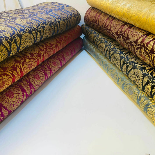 peacock trail gold metallic print brocade fabric uk