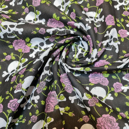 pink roses and skull black halloween fabric uk