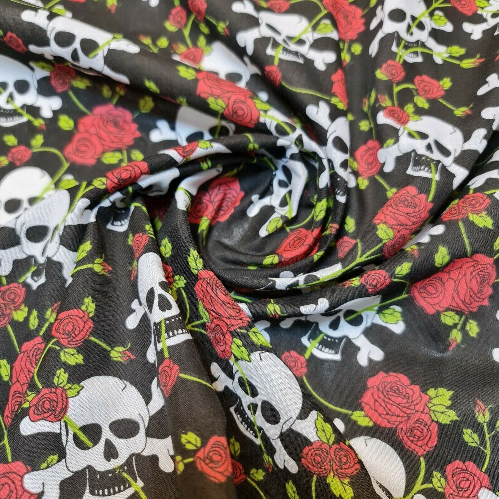 red roses and skull printed halloween fabric uk