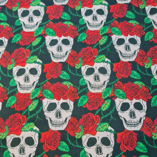 red roses and skulls printed halloween fabric uk