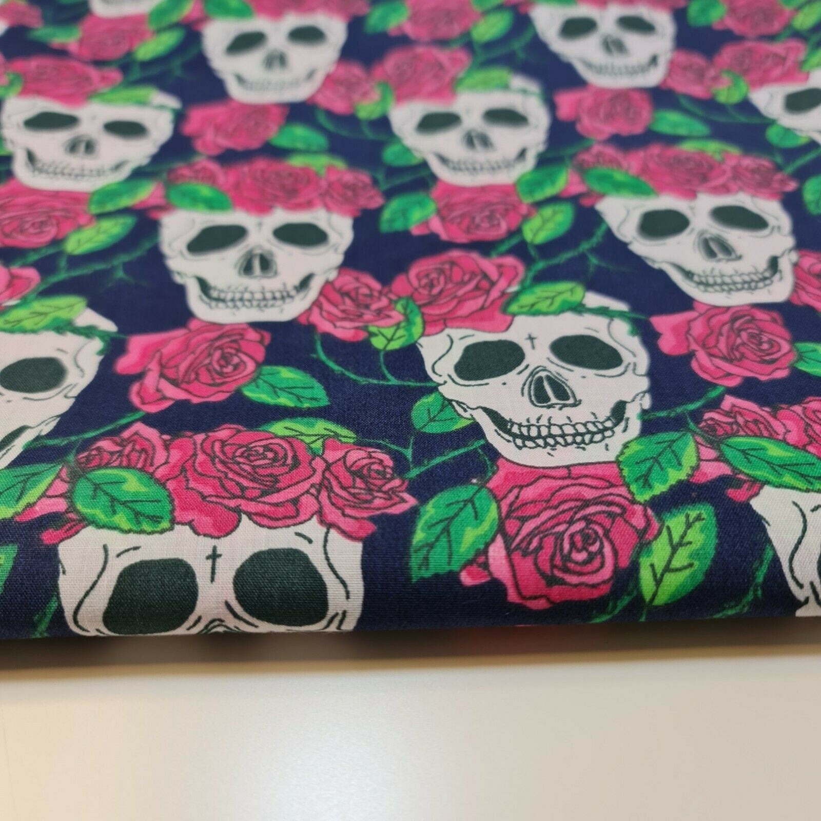 roses skull and bone printed halloween polycotton fabric uk