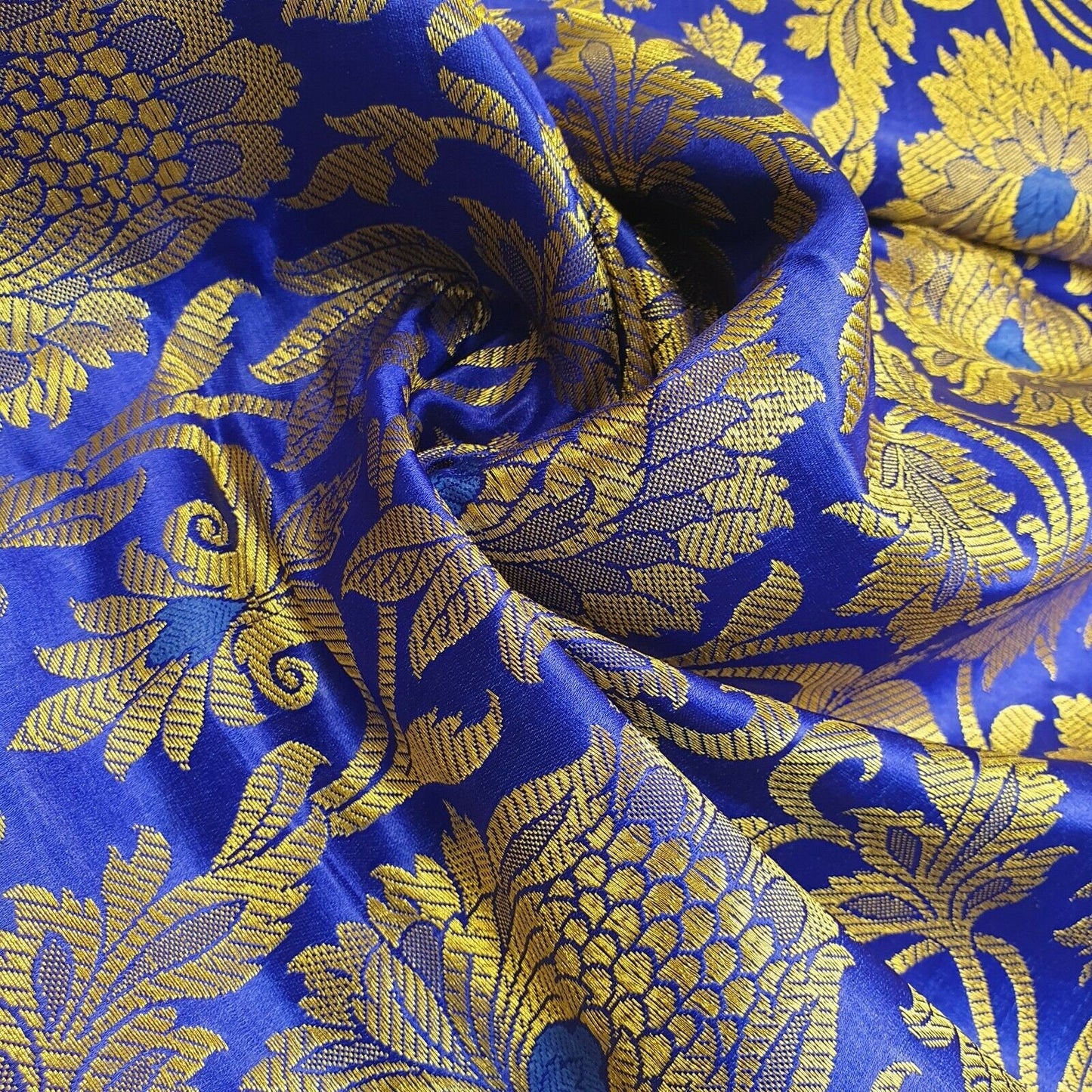 royal blue damask banarasi brocade fabric for dressmaking and quilting