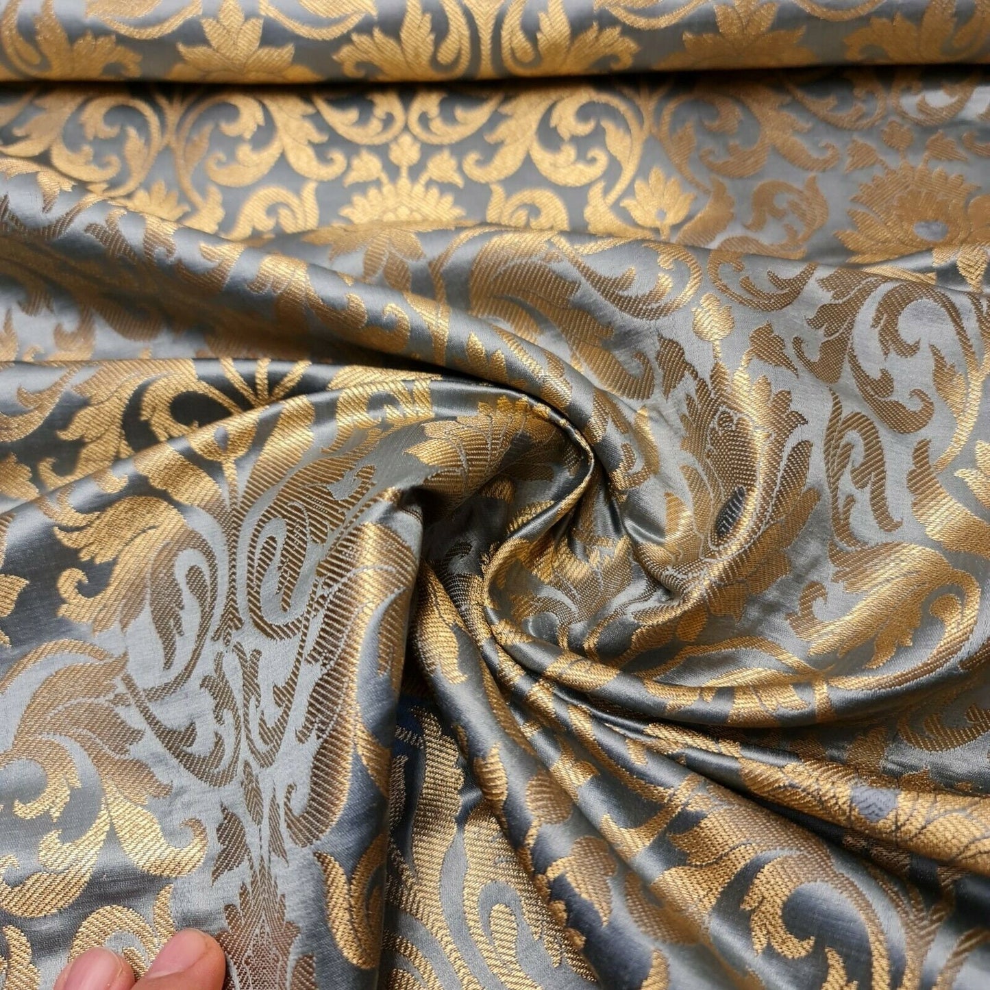 silver grey brocade fabric with tulip gold metallic design for dressmaking and crafting