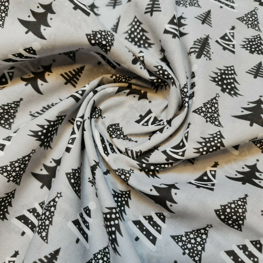 silver xmas holiday polycotton fabric uk with xmas tree print