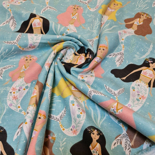 sky blue brushed cotton fabric with mermaid print