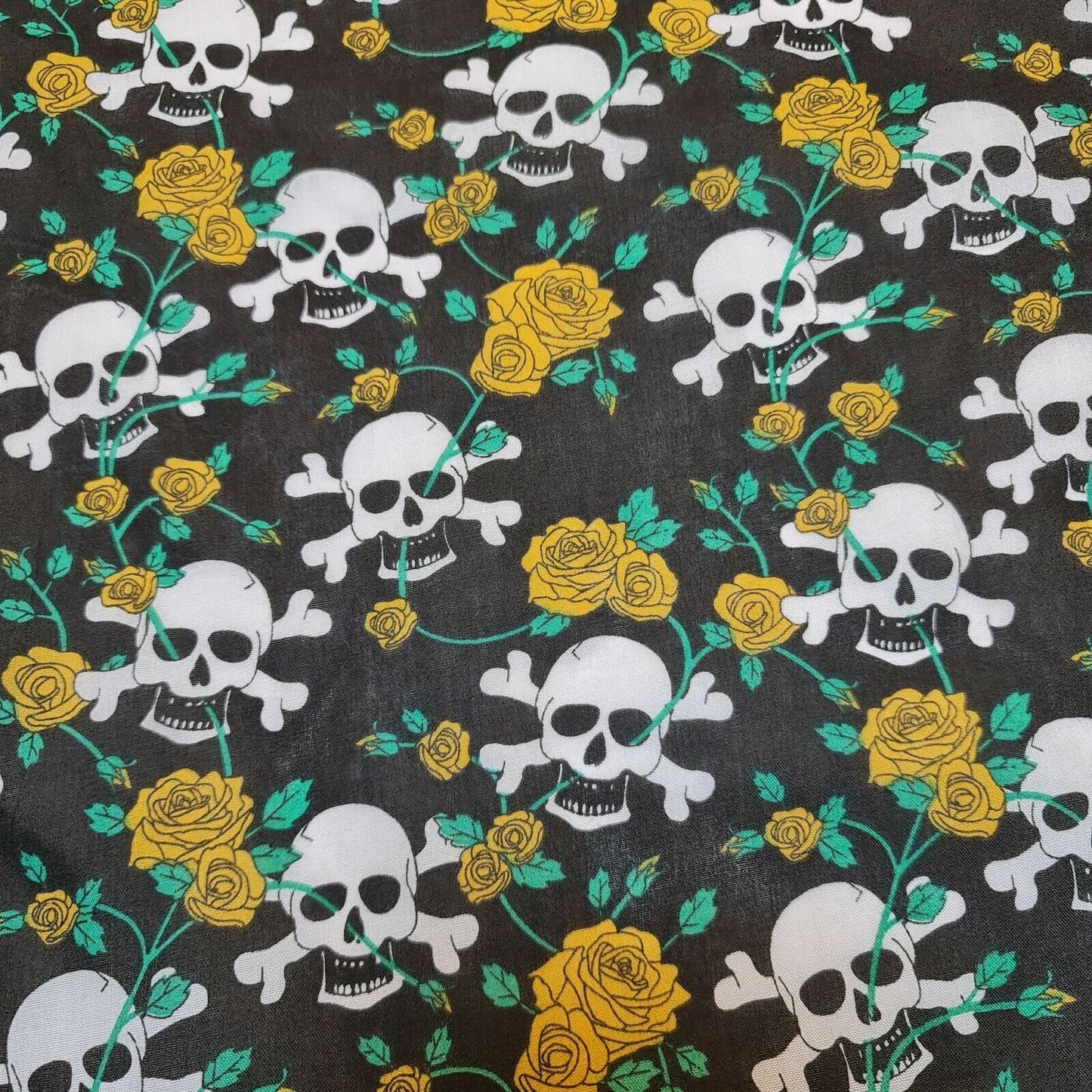 yellow roses and skull polycotton halloween fabric uk