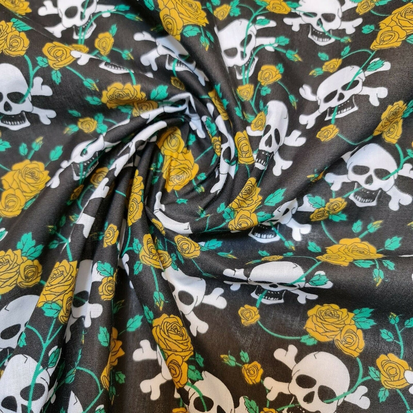 yellow roses and skull printed halloween fabric uk